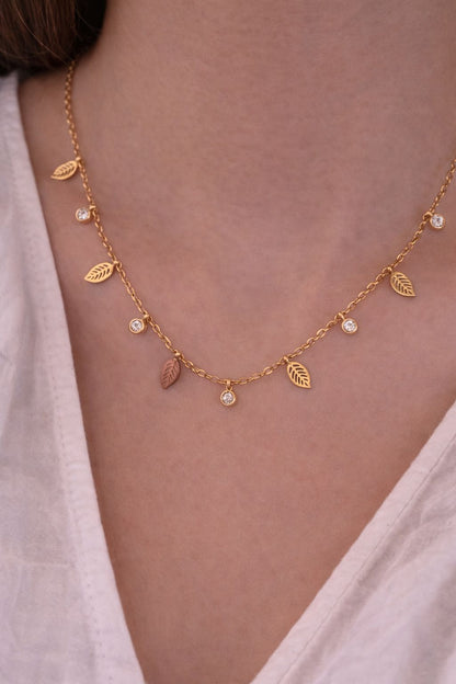Minimal Leaf & Crystal Drop Necklace