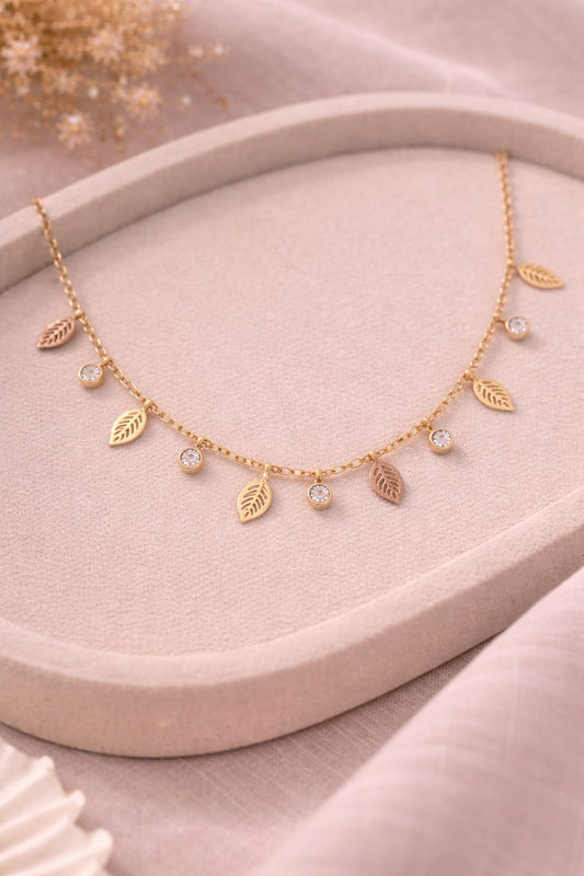Minimal Leaf & Crystal Drop Necklace